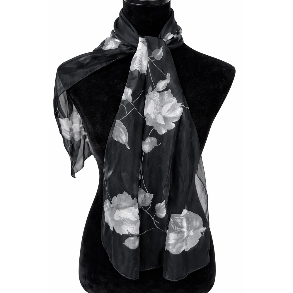 Retro Womens Black Tone On‎ Tone Silver Floral Satin Rectangular Scarf Korea
